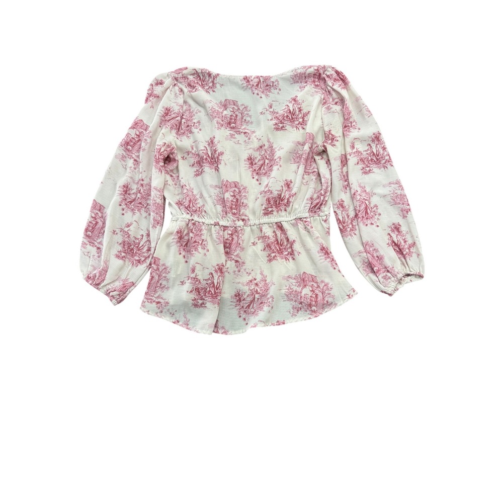 Meraki Women Pink White Toile Print Long Sleeve Wrap Peplum Blouse Size Medium